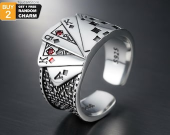 925 Sterling Silver Royal Flush Playing Cards Ring — Red CZ Poker Lucky Jewelry