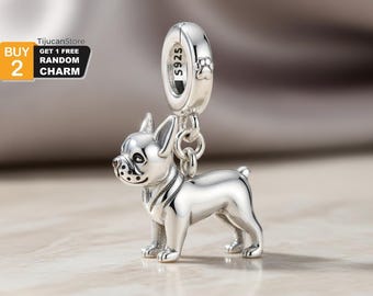 925 Sterling Silver French Bulldog Dangle Charm with Paw Print Bail - Fits Most European Bracelets