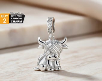 925 Sterling Silver Highland Cow Dangle Charm with Heart Detail and Clear CZ – Scottish Coo Bead fits Most European Bracelets