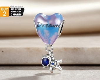 925 Sterling Silver Dream Heart Balloon Astronaut Dangle Charm with Blue Purple Enamel and CZ – Fits European Bracelets