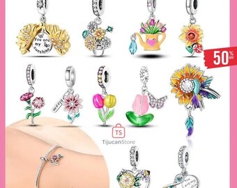 Silver 925 Tulips Sunflowers Carnations Beads Charms Fit DIY Original Bracelets Necklaces for Women Jewelry Gift