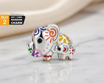 925 Sterling Silver Mother and Baby Elephant Charm with Colorful Enamel and Black CZ - Fits Most European Bracelets