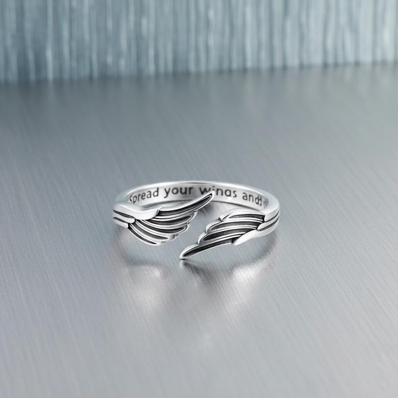 Anillo de plata de ley 925 con alas de ángel — "Extiende tus alas y vuela" Joyería ajustable imagen 7