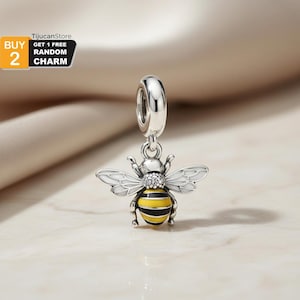 Pode incluir: Um berloque de abelha prateada com listras amarelas e pretas no corpo, asas brancas e uma cabeça de cristal brilhante. O berloque tem uma argola para prender a uma pulseira ou colar. A imagem inclui o texto "BUY 2 GET 1 FREE RANDOM CHARM".