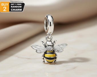 925 Sterling Silver Honeybee Dangle Charm | Yellow Black Enamel CZ Bumble Bee Bracelet Pendant | Nature Insect Gift for Her