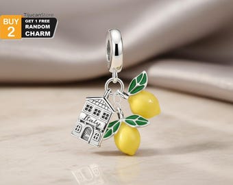 925 Sterling Silver Italy House and Lemon Double Dangle Charm with Yellow Green Enamel – Fits European Bracelets