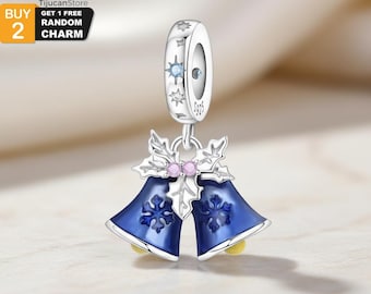 925 Sterling Silver Double Christmas Bell Snowflake Dangle Charm | Blue Enamel CZ Holly Bracelet Pendant | Winter Holiday Gift for Her