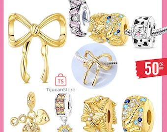 925 Sterling Silver Autumn Harvest Sunflower Golden Bow Cute Puppy Fixed Clip Beads for Women's DIY Jewelry Making Gifts