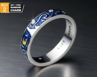Anillo Noche Estrellada de Plata de Ley 925 — Anillo Van Gogh con Esmalte Luminoso