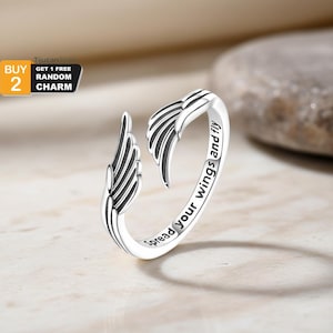Anillo de plata de ley 925 con alas de ángel — "Extiende tus alas y vuela" Joyería ajustable imagen 1