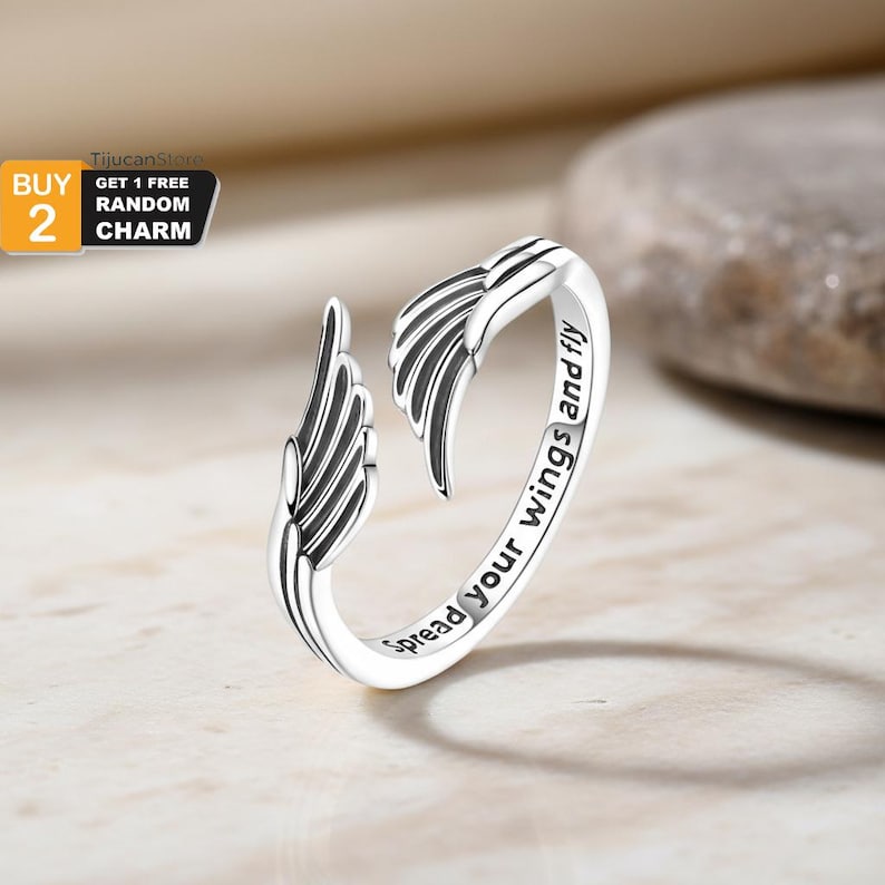 Anillo de plata de ley 925 con alas de ángel — "Extiende tus alas y vuela" Joyería ajustable imagen 1