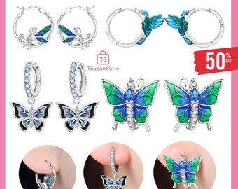 9925 Sterling Silver Black Green Butterfly Hummingbird Elf Hoop Earrings Wedding Anniversary Jewelry Gift for Women
