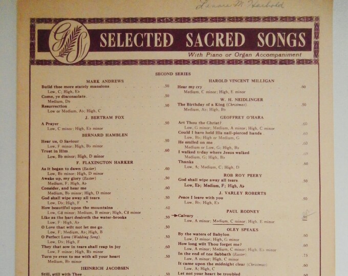Calvary   1922      Henry Vaughn  Paul Rodney   Sacred Sheet Music