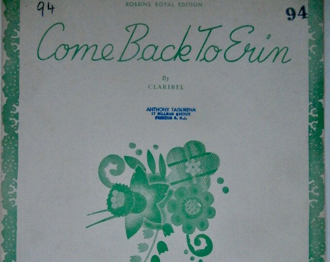 Come Back To Erin   1935   Al Trace   Claribel      Sheet Music