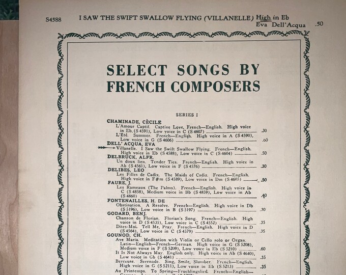 I Saw The Swift Swallow Flying   1912   English And French Lyrics   Eva Dell Acqua  eng. by Alice Mattullath    Sheet Music