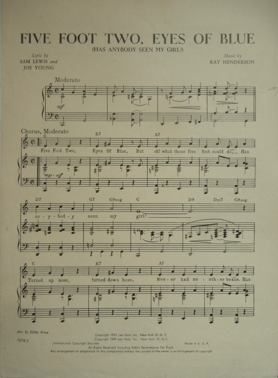 Five Foot Two Eyes Of Blue Has Anybody Seen My Girl 1949 Etsy