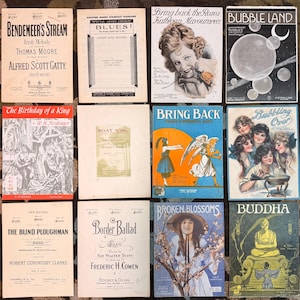 May include: A collection of twelve vintage sheet music covers featuring various titles such as Bendemeer's Stream, Bubble Land, and The Birthday of a King. The covers display a mix of black and white illustrations, portraits, and typography.