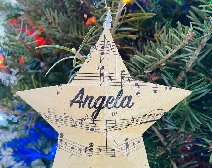 Personalized Christmas Ornaments.  Box of 8 Stars made from Actual Vintage Sheet Music.  Include your or your loved ones names on the stars.