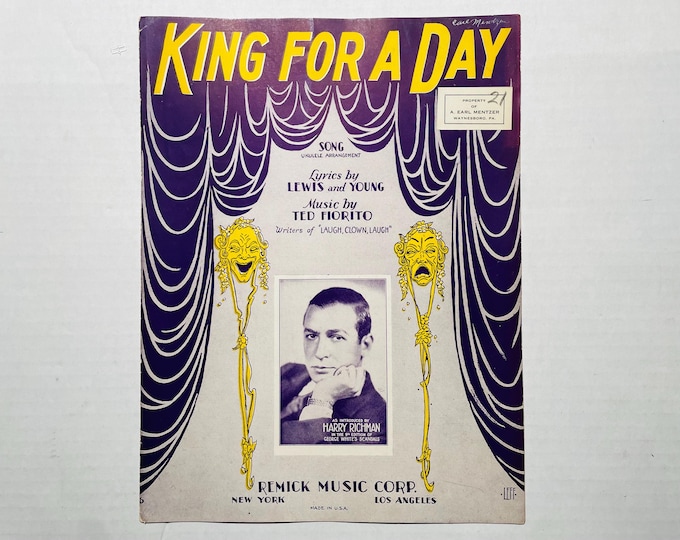 King For A Day   1928   Artwork - Photo -  Harry Richman    Sam Lewis  Joe Young    Sheet Music