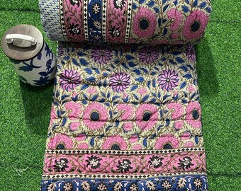 Hand Block Printed Kantha Quilt, Floral Cotton Comforter, Queen Size