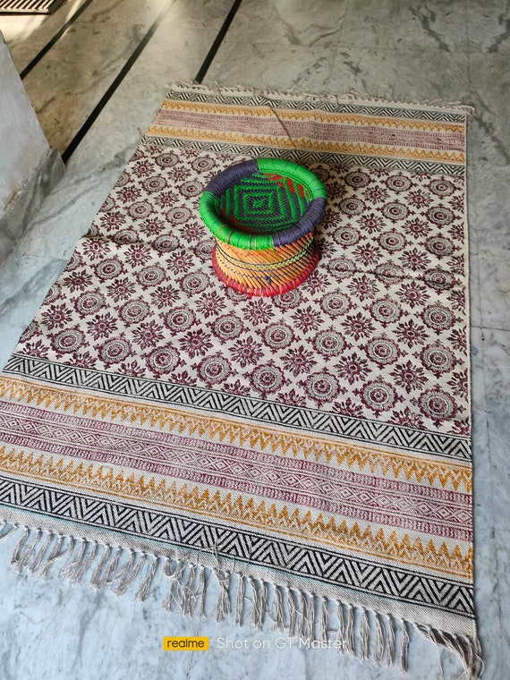Handwoven Indian Dhurrie Rug: Boho Hand Block Printed Cotton Area Rug