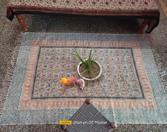 Handmade Block Print Cotton Dhurrie Rug: Vintage Style Area Rug