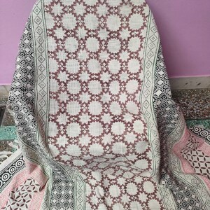 Hand Block Print Cotton Throw Blanket, Vintage Farmhouse Style