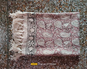 Hand Block Print Cotton Throw Blanket, Boho Home Decor (72x52 inches)