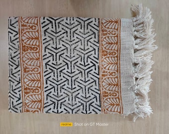 Hand Block Print Cotton Throw Blanket, Beige, Tasseled Edge