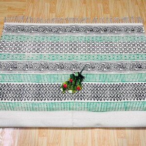 Hand Block Printed Cotton Rug: Indigo Dhurrie Carpet with Tassels