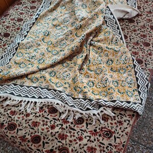 Hand Loomed Cotton Throw Blanket, Boho Tassels, Block Print
