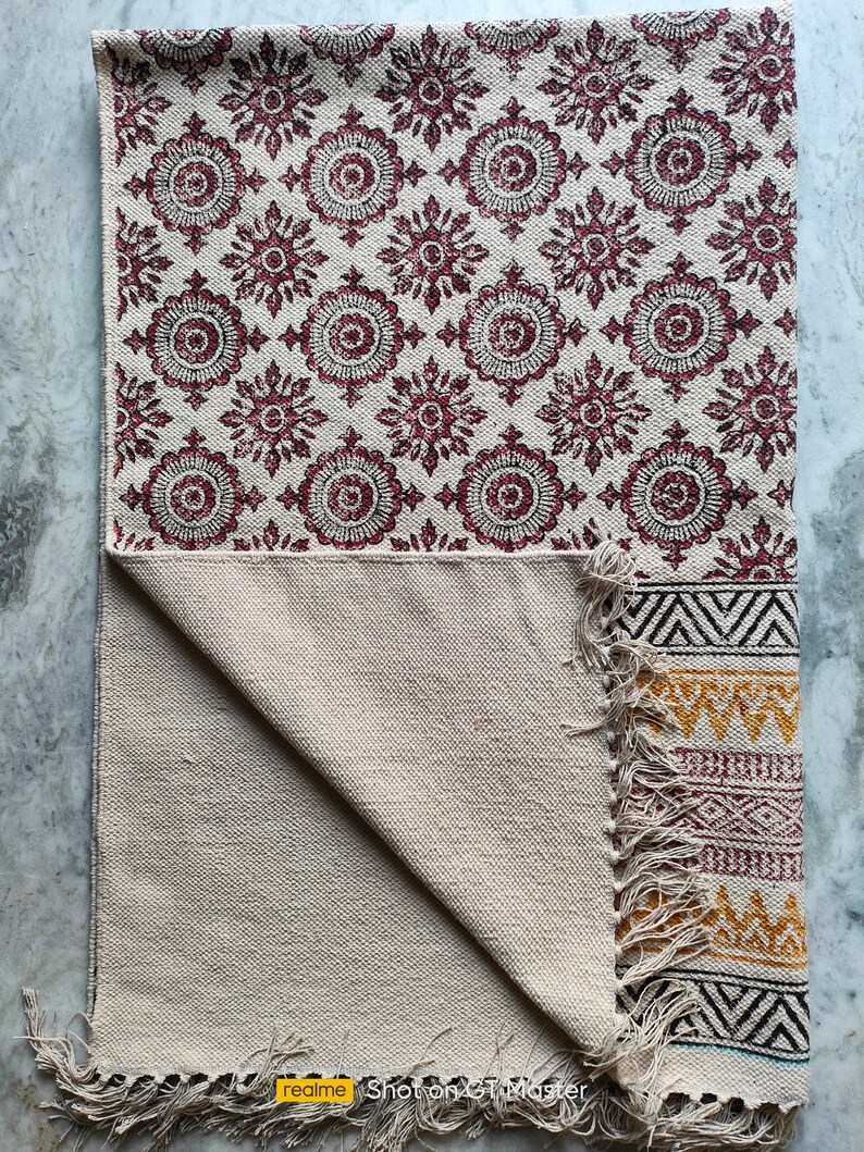 Handwoven Indian Dhurrie Rug: Boho Hand Block Printed Cotton Area Rug image 3