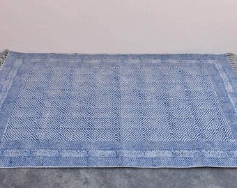 Hand Block Printed Indigo Cotton Rug: Indian Dhurrie Carpet