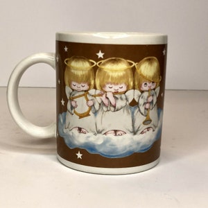 Vintage Hallmark 3 Angels On Cloud Playing Harp Flute Horn Gold Christmas Coffee Mug Cup image 2