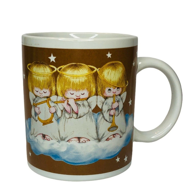 Vintage Hallmark 3 Angels On Cloud Playing Harp Flute Horn Gold Christmas Coffee Mug Cup image 1