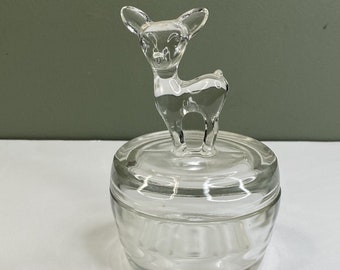 Vintage Clear Jeannette Glass Bambi Fawn Doe Deer Powder Jar