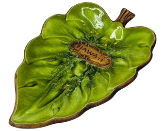 Treasure Craft USA Green Glaze Leaf Hawaii Souvenir Ashtray Plate Dish