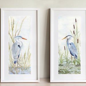 Great Blue Heron Original Watercolor Fine Art Prints set of 2, watercolor artwork, blue heron wall art, blue heron print, heron painting