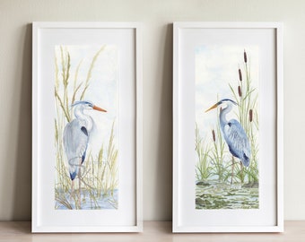 Great Blue Heron Original Watercolor Fine Art Prints set of 2, watercolor artwork, blue heron wall art, blue heron print, heron painting
