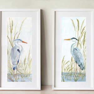 Great blue heron watercolor print set of 2, heron bird prints, beach grass prints, beach house gift for host, coastal decor, crane artwork