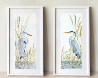 Great blue heron watercolor print set of 2, heron bird prints, beach grass prints, beach house gift for host, coastal decor, crane artwork