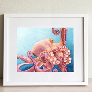 Octopus Print, ocean watercolor wall art, tropical painting, beach prints, sea animal decor, squid artwork, beach house gift for friend