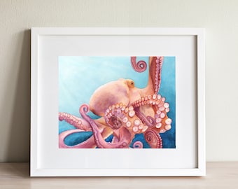 Octopus Print, ocean watercolor wall art, tropical painting, beach prints, sea animal decor, squid artwork, beach house gift for friend