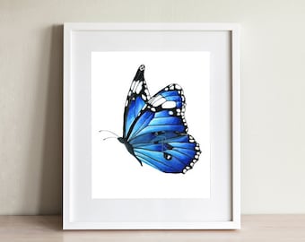 Blue Butterfly Watercolor Giclée Print, Minimalist Wall Art
