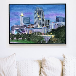 Raleigh skyline watercolor print, North Carolina art, cityscape art, gift for friend, city building, night city painting, downtown picture