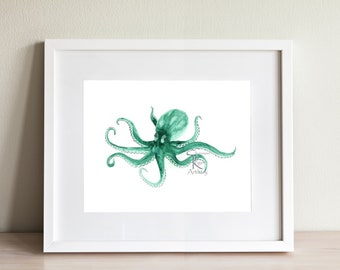 Green Octopus Watercolor Art Print, octopus fine art, ocean art, sea life art, giclee print, beach house gift for host, home decor wall art
