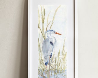 Great Blue Heron Watercolor, beach grass wall art print, beach house decorating ideas, beach bird art, new beach house gift for mom, crane
