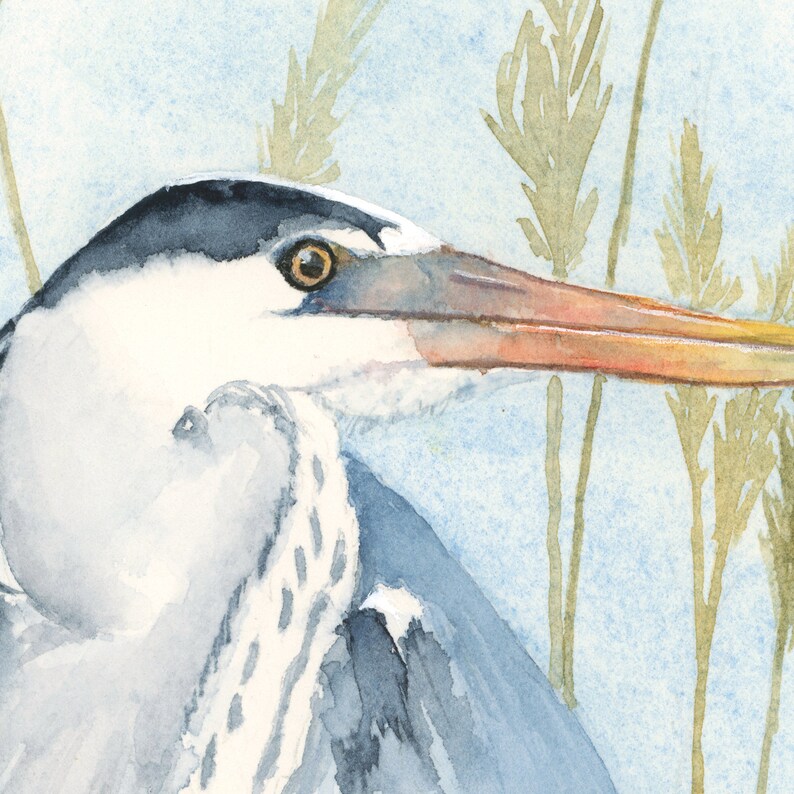 Blue heron art print, great blue heron painting, heron wall art, beach bird wall art, sea grass painting for beach house, gift for mom image 2