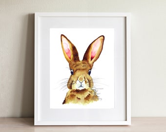Rabbit watercolor print, bunny decor, easter decoration, bunny painting for nursery decor, spring wall art, rabbit gift, bunny art for kids