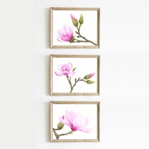 Magnolia painting set of 3, pink magnolia art prints of original watercolor painting, flower wall decor, floral art wedding gift for sister